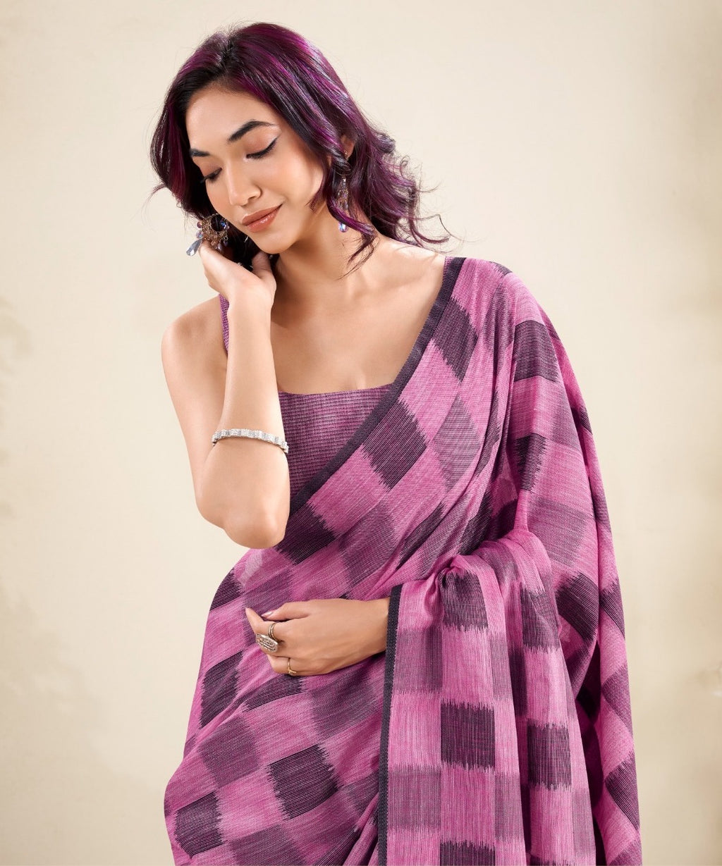 Purple Pure Linen Silk Saree | Checkered Pattern