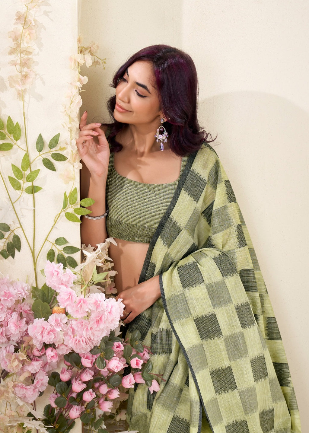 Pure Linen Silk Saree with Blouse Piece - Green Checkered