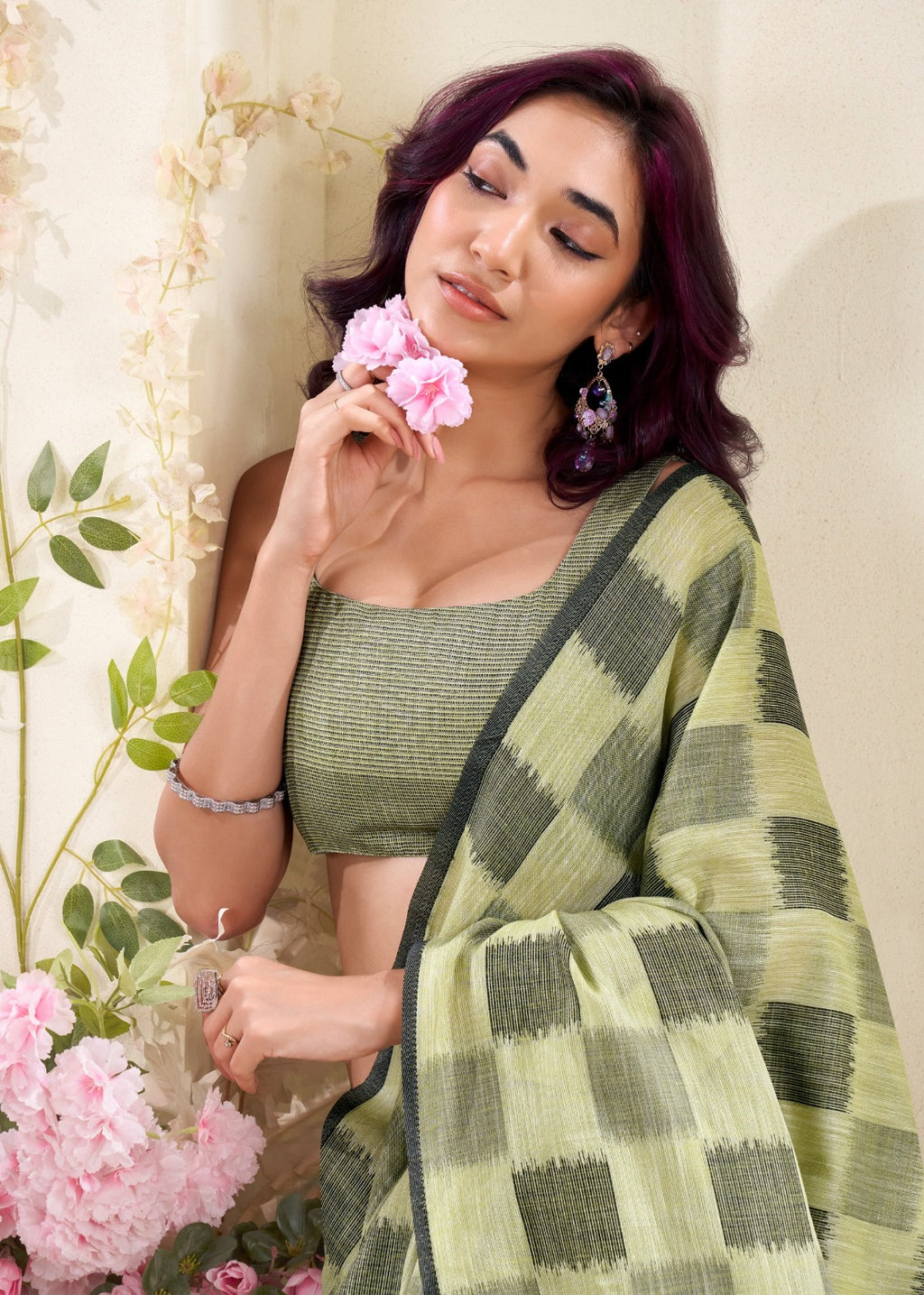 Pure Linen Silk Saree with Blouse Piece - Green Checkered