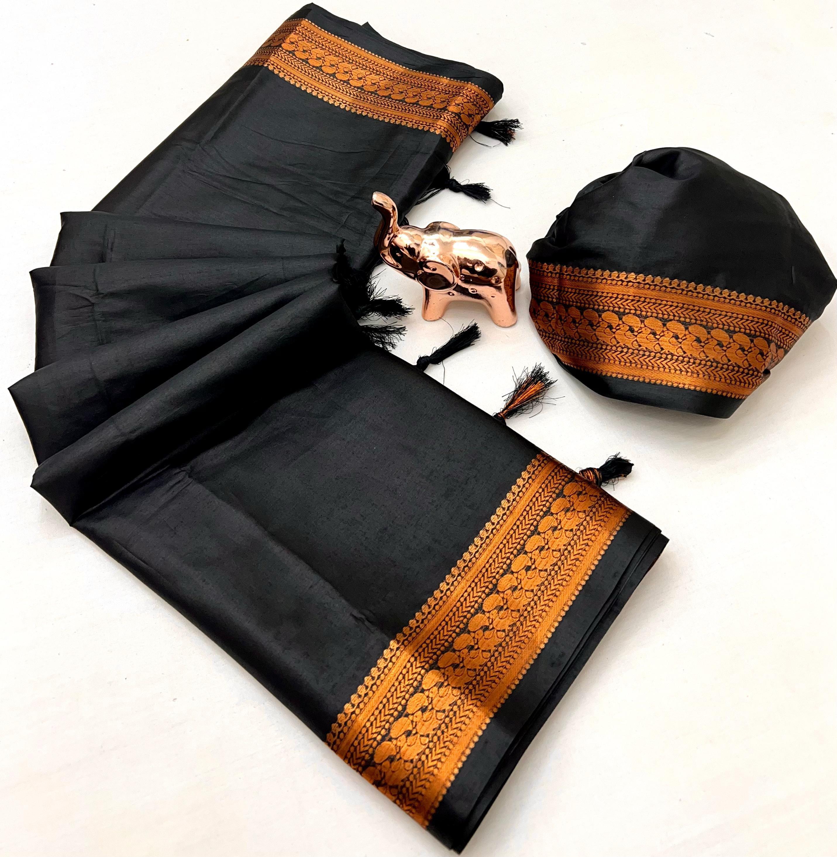 Pure Viscose Silk Saree with Zari Border – Black & Gold