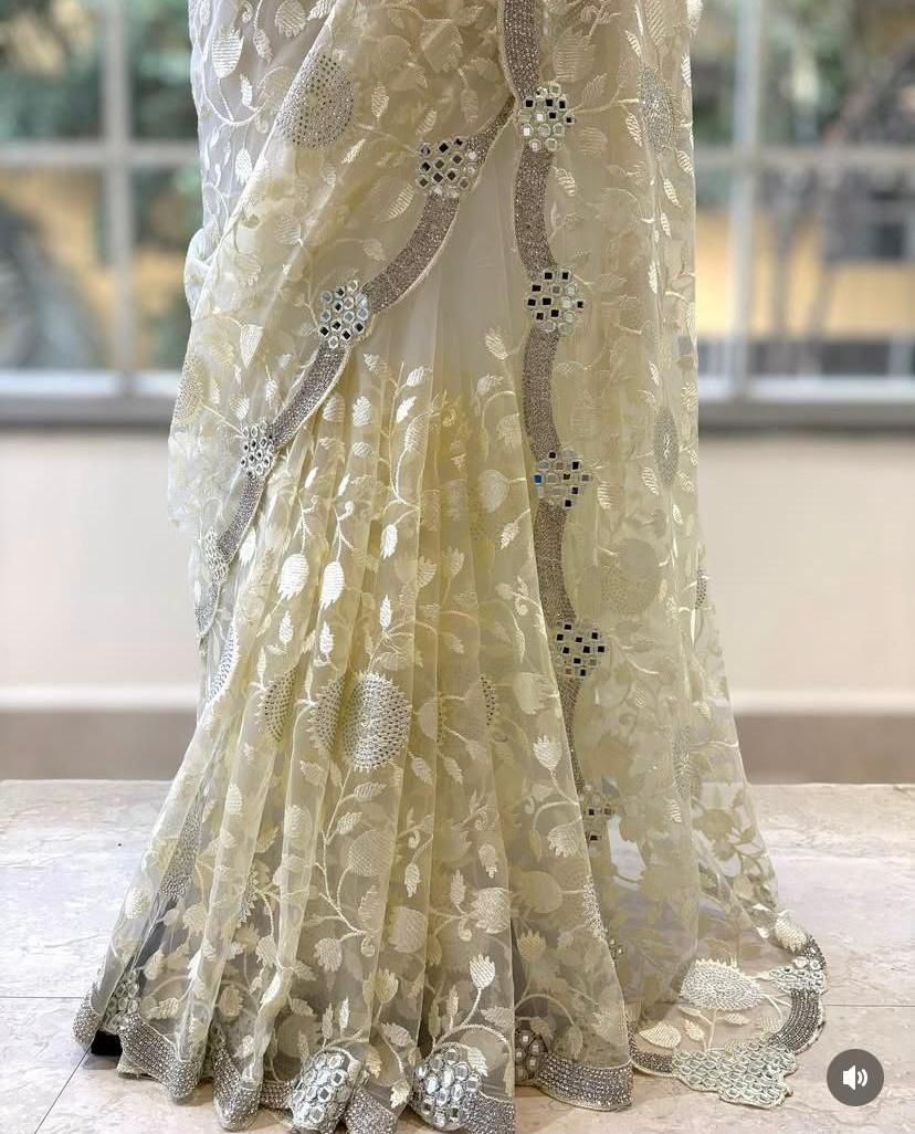 Organza Saree with Thread Zaal Work, Swarovski Accents & Silver Zari Border