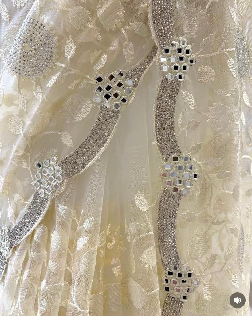 Organza Saree with Thread Zaal Work, Swarovski Accents & Silver Zari Border