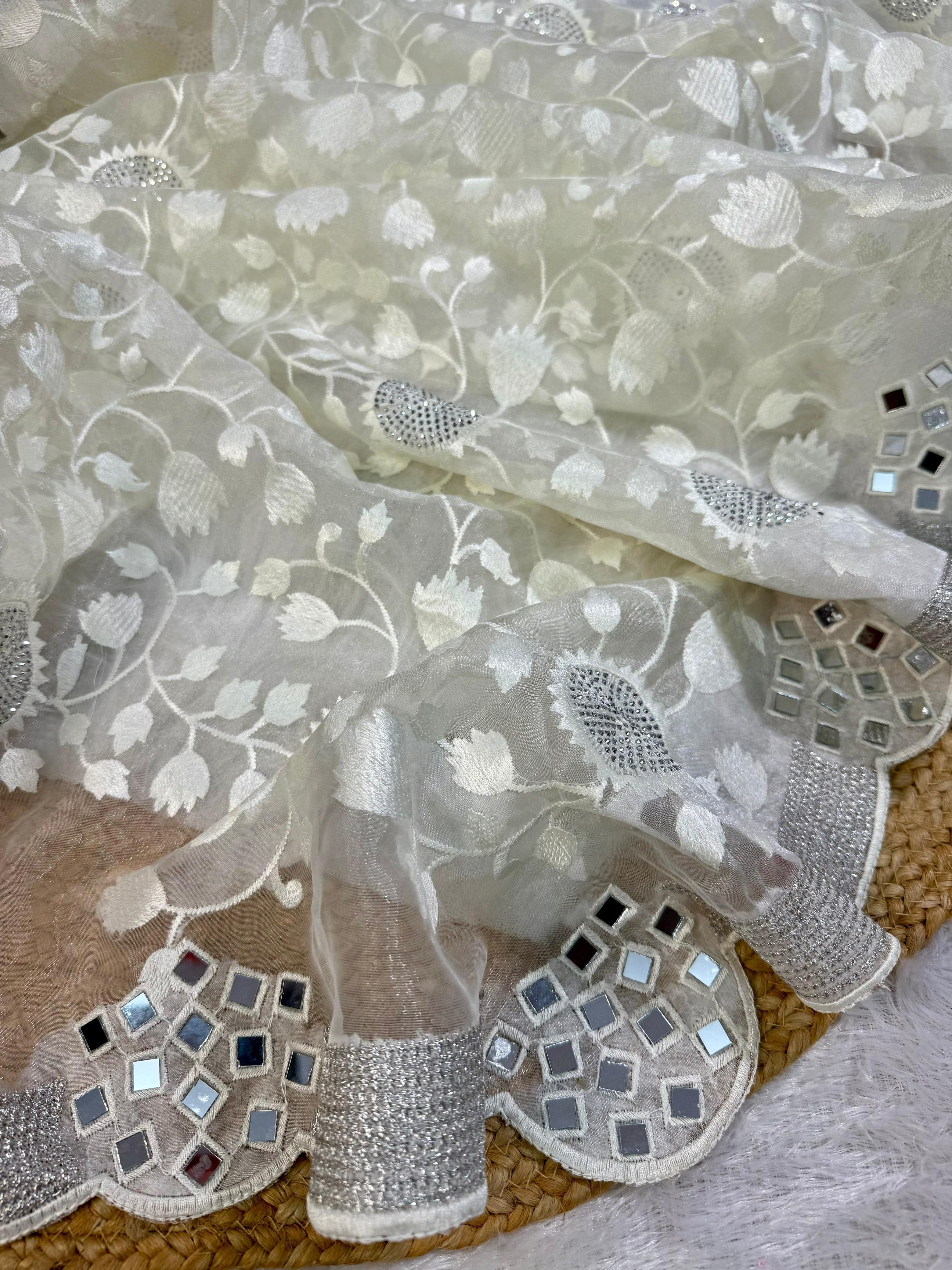 Organza Saree with Thread Zaal Work, Swarovski Accents & Silver Zari Border