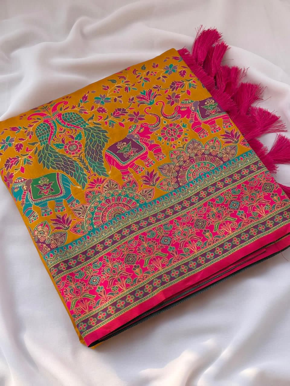 Pure Pashmina Darbari Saree with Meenakari Weaving