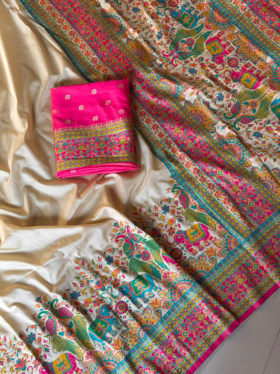 Pure Pashmina Darbari Saree with Meenakari Weaving