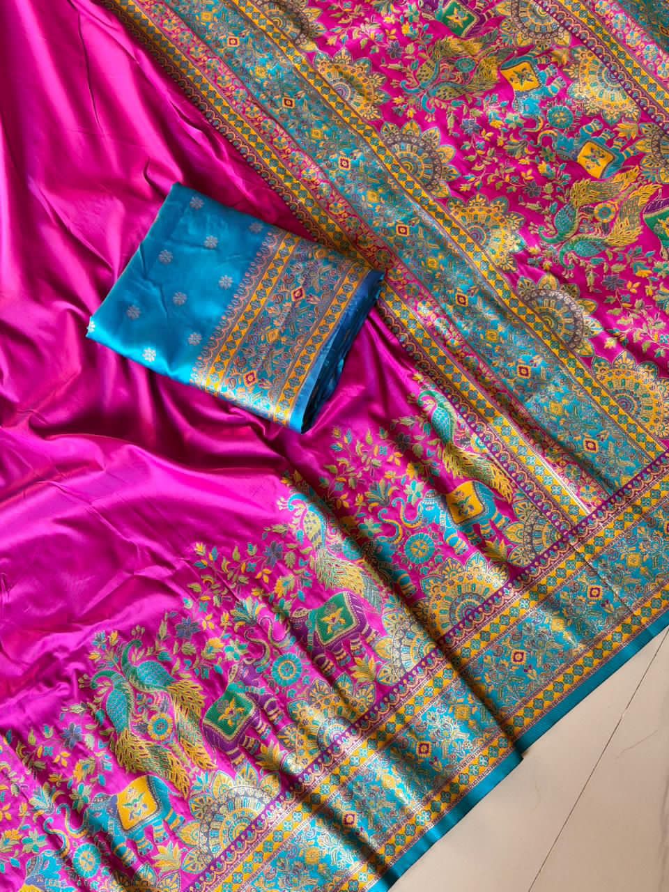Pure Pashmina Darbari Saree with Meenakari Weaving