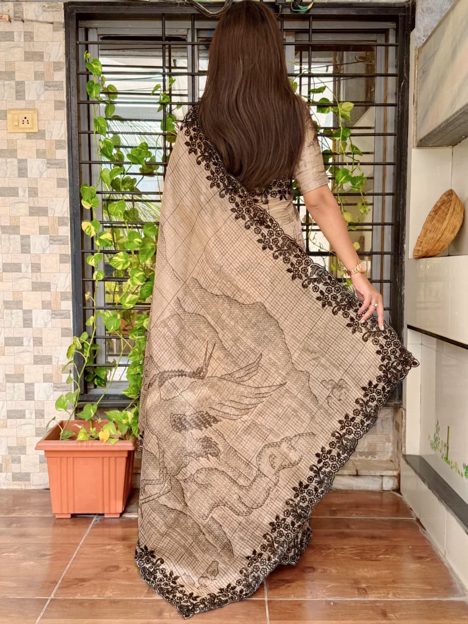 Glass Organza Saree with Black Floral Embroidery Border – Premium Designer Saree