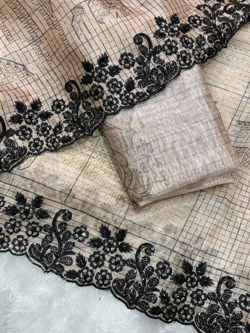 Glass Organza Saree with Black Floral Embroidery Border – Premium Designer Saree