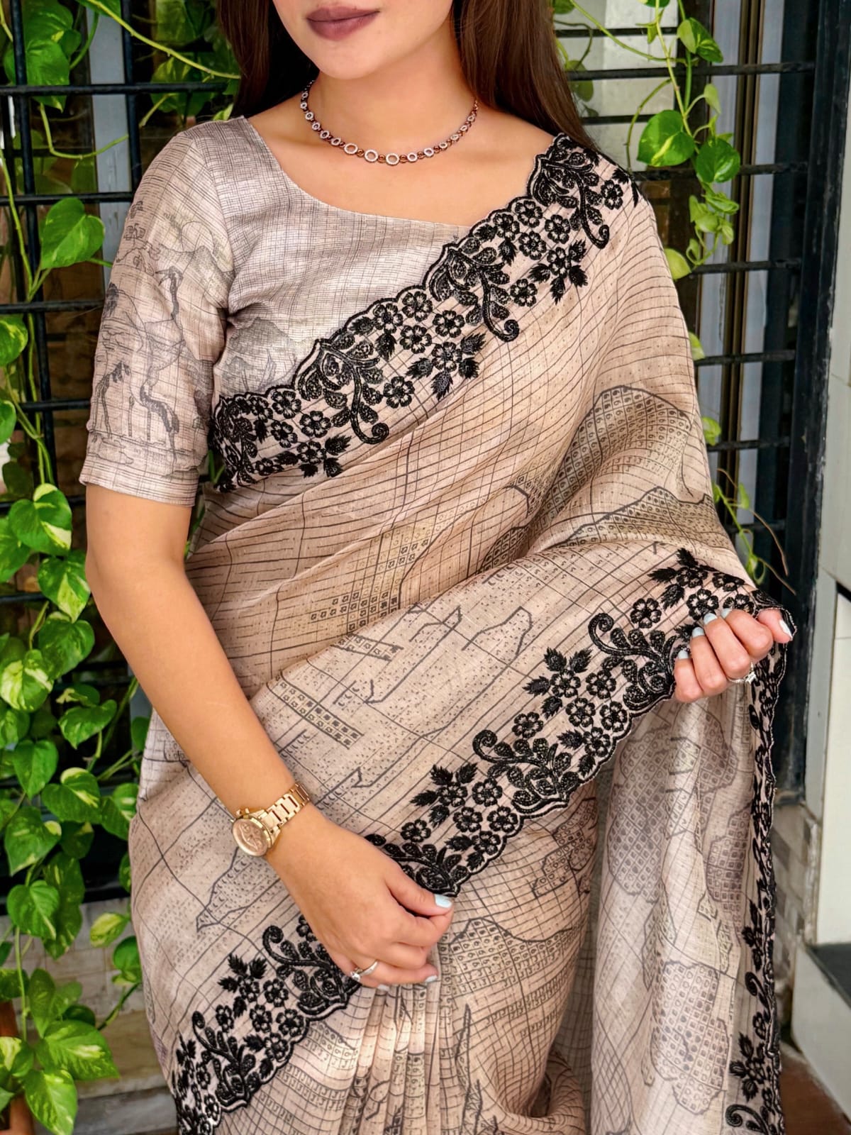 Glass Organza Saree with Black Floral Embroidery Border – Premium Designer Saree
