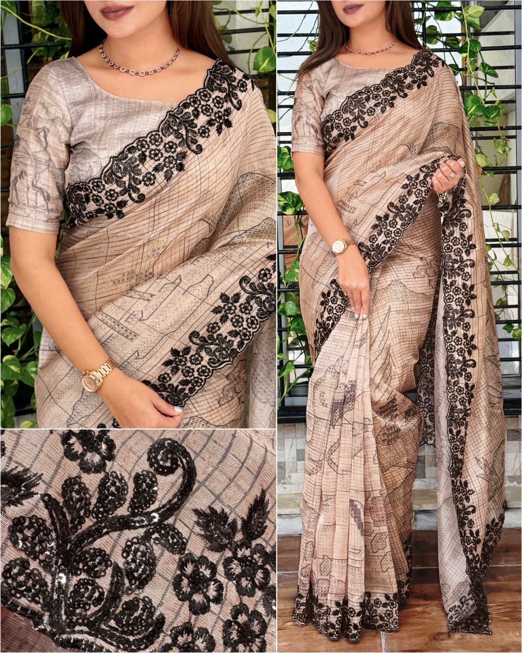 Glass Organza Saree with Black Floral Embroidery Border – Premium Designer Saree