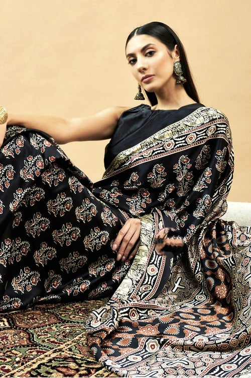 Elegant Black Ajrakh Print Modal Silk Saree with Printed Blouse Piece