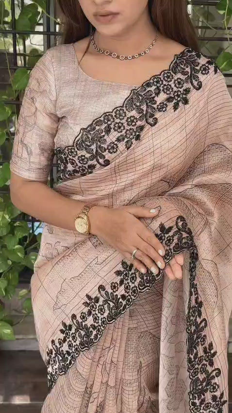 Glass Organza Saree with Black Floral Embroidery Border – Premium Designer Saree