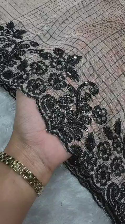 Glass Organza Saree with Black Floral Embroidery Border – Premium Designer Saree