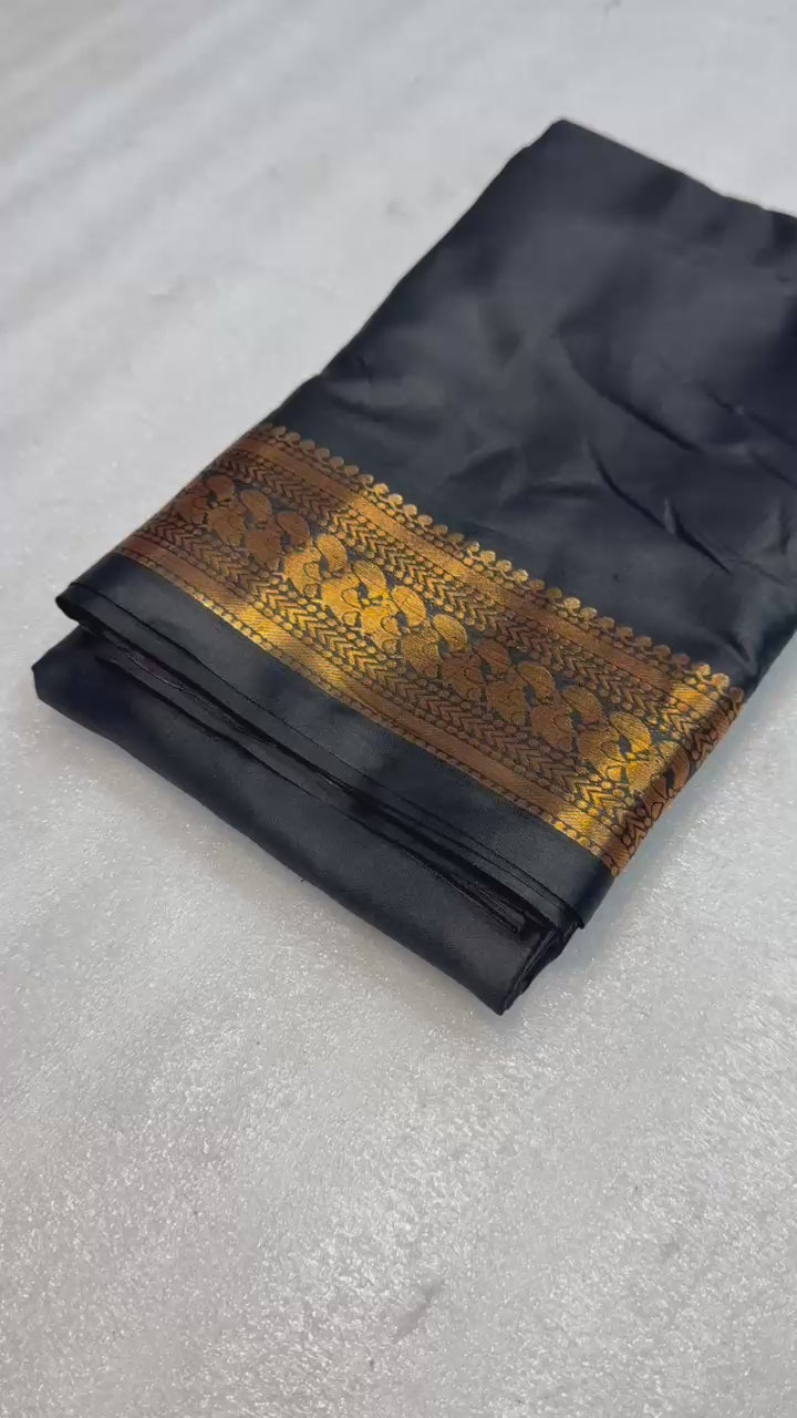 Pure Viscose Silk Saree with Zari Border – Black & Gold